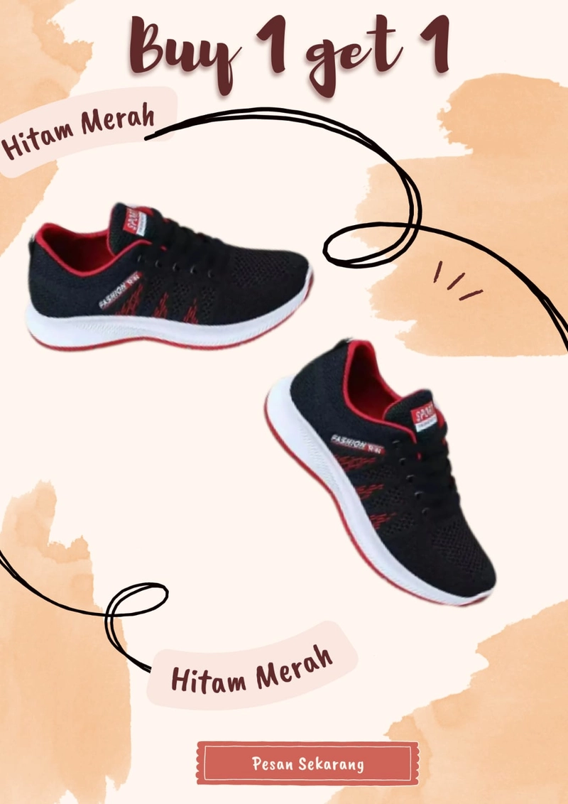 Product image Koekita - Buy 1 Get 1 Sepatu Kets Sneakers Sport Pria Fashion RW-001 43 HITAM MERAH