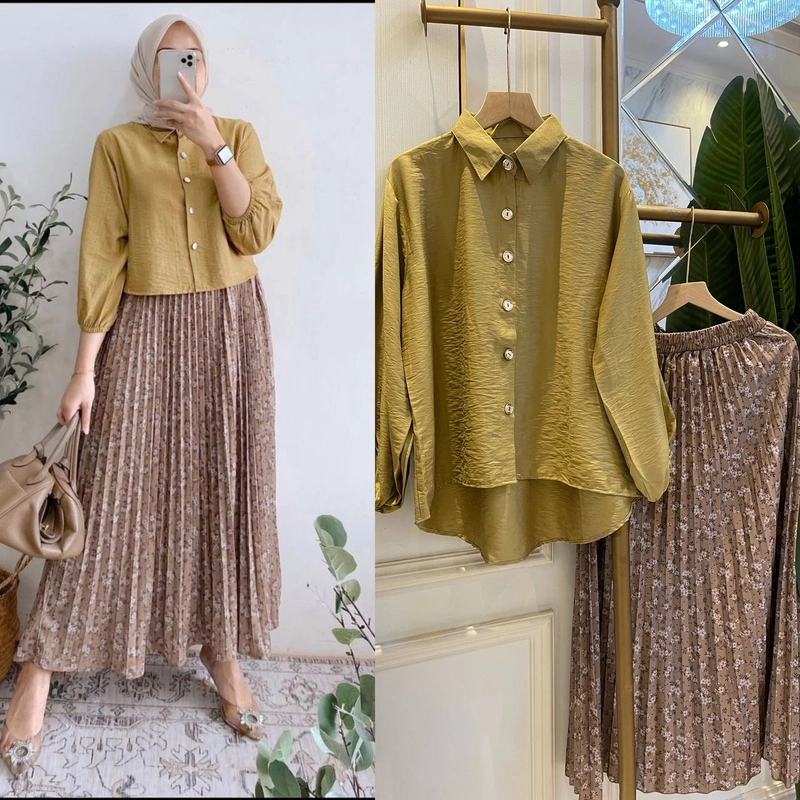 Product image Valencia - Zavika Set Rok - One Set Wanita Kemeja Polo Linen Premium Lengan 7/8 Setelan Wanita Kekinian Rok Pr All Size Zavika Olive