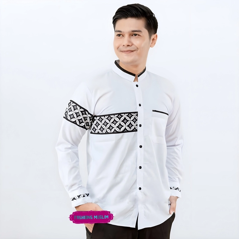 Product image Kois Batik - Baju Koko Muslim Pria Dewasa kombinasi Batik simpel sekali keran M Putih