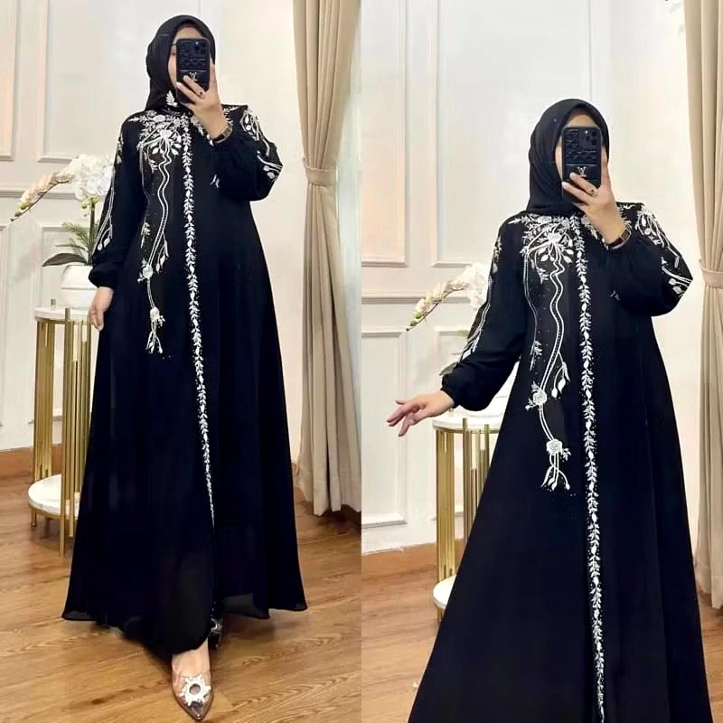 Product image Alifa Shop - Gamis Kondangan/Bunga Dress/Gamis Ceruty Babydoll/Gamis Lebaran/Gamis Terbaru All Size Fit To XL Hitam