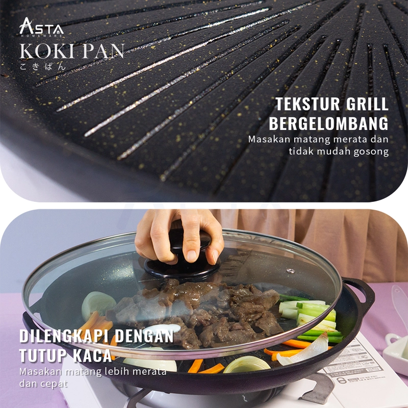 Product image Asta Panggangan Anti Lengket Grill Pan Tutup Kaca BBQ Koki Pan Food Grade 34 cm Size Kokipan Oishi