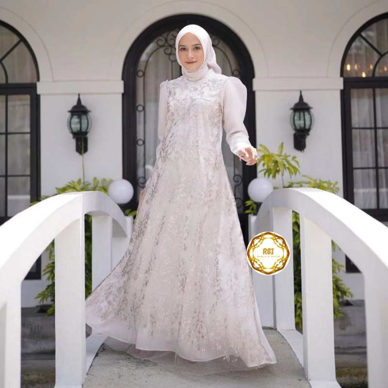 Product image Rambe Batik Indonesia - Gamis Alesya Premium Kain Maksmara Premium Kain Organza Mix Tulle Take All Premium S BROKEN WHITE