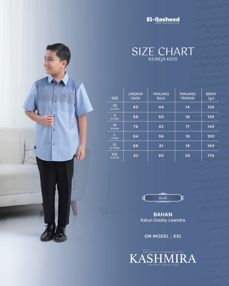 Product image Yasmeera Official - SARIMBIT 2026 KASHMIRA SERIES WARNA BLUE XS KEMEJA ANAK