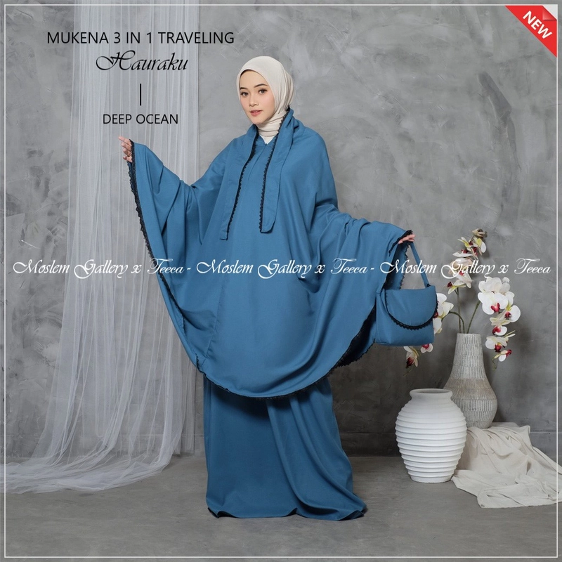 Product image Moslem gallery - Mukena Dewasa 3 in 1 Traveling Hauraku All Size Deep Ocean