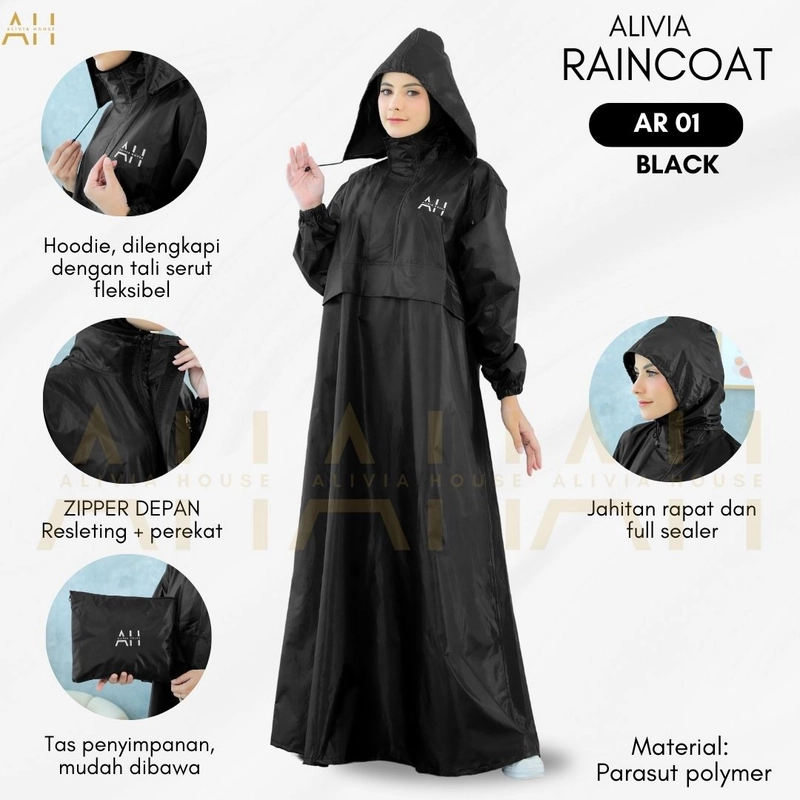 Product image Alivia House - Jas Hujan Gamis Wanita Alivia Raincoat 01 Jas hujan muslimah jas hujan gamis muslimah All size Black