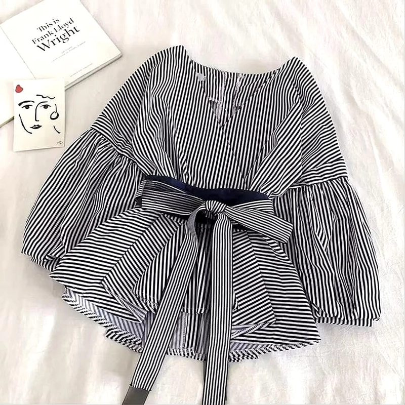 Product image Muslim Clothing - Muslim Clothing-Oslin Top Blouse Waist Strap Plain Stripe Atasan Remaja Wanita Muslim Korean Style P One Size Fit L SALUR