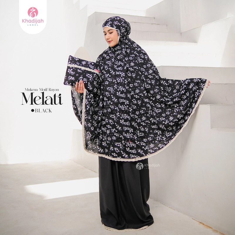 Product image KhadijahLabel - Mukena Dewasa Resleting Dagu Motif Melati Semi Jumbo Black