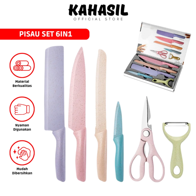 Product image KAHASIL - Pisau Dapur Set 6in1 Super Tajam Anti Lengket Baja Stainless Steel KMJ002 KMJ002-SET 6 IN 1 all variant