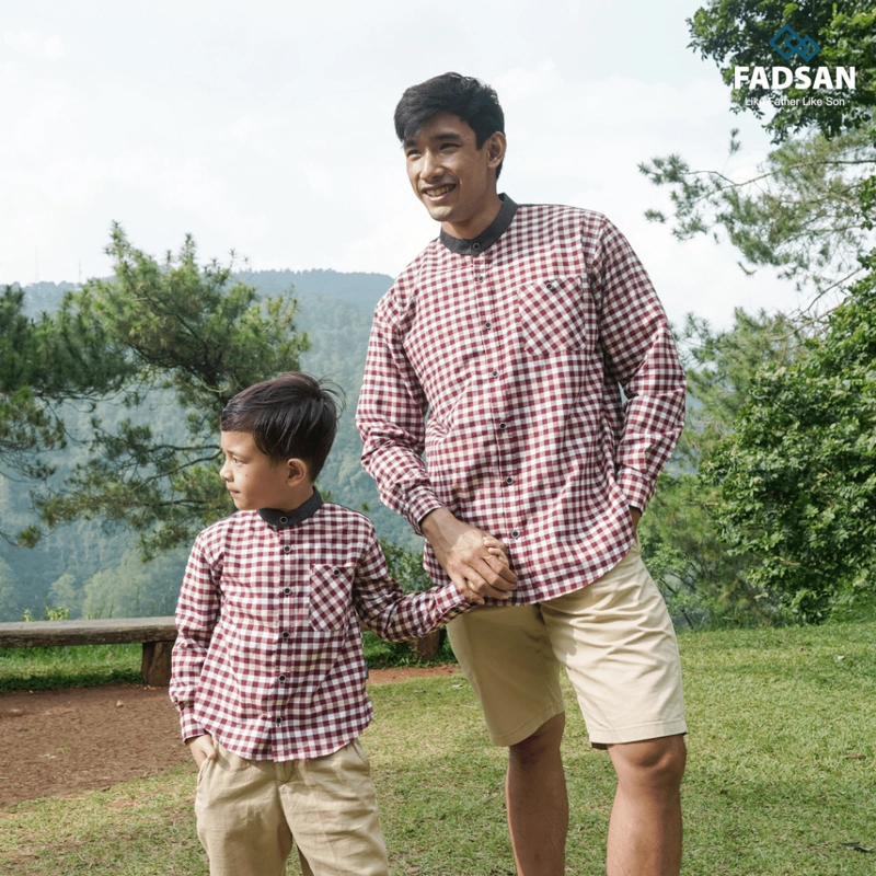 Product image FADSAN - Kemeja Gaya Retro Lengan Panjang Kotak-Kotak Maroon Ayah dan Anak - Retro Series SIZE ANAK XS RETRO MAROON