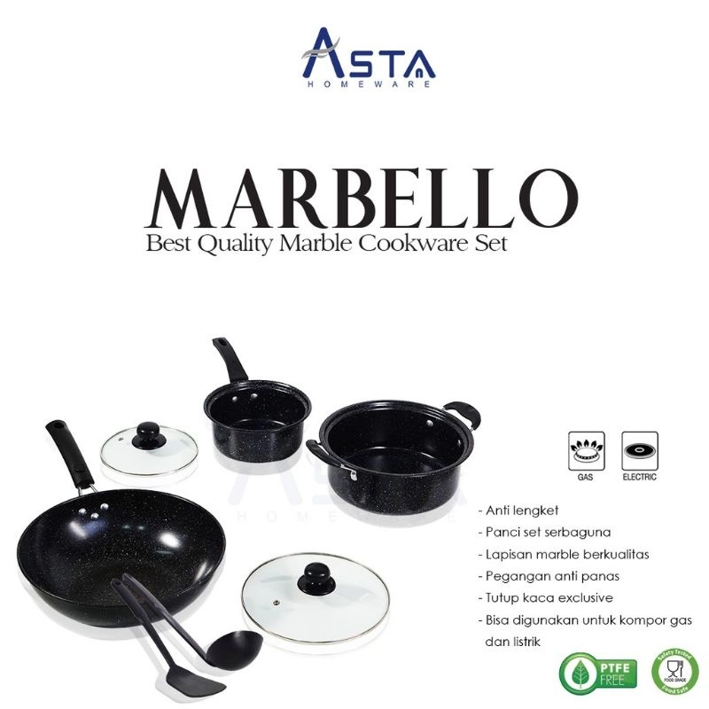 Product image Asta Homeware - Asta Marbello Cookware Set Panci Marble Anti Lengket 7 pcs 3100 Hitam