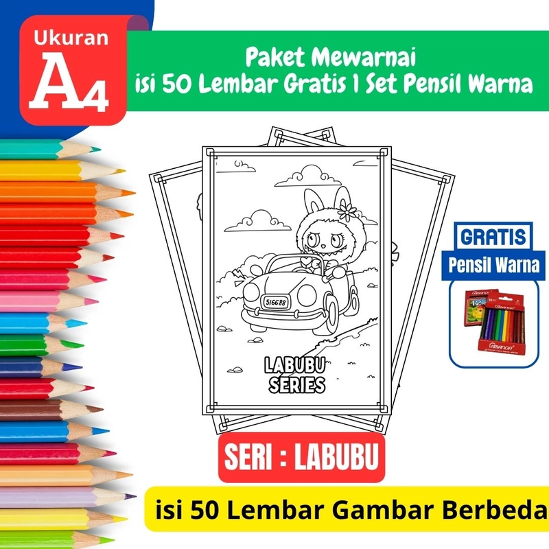 Product image FEID Store - [ EDISI LABUBU ] Promo Paket Mewarnai isi 50 Lembar Gratis 1 Set Pensil Warna - A4 Tebal A4 TEBAL