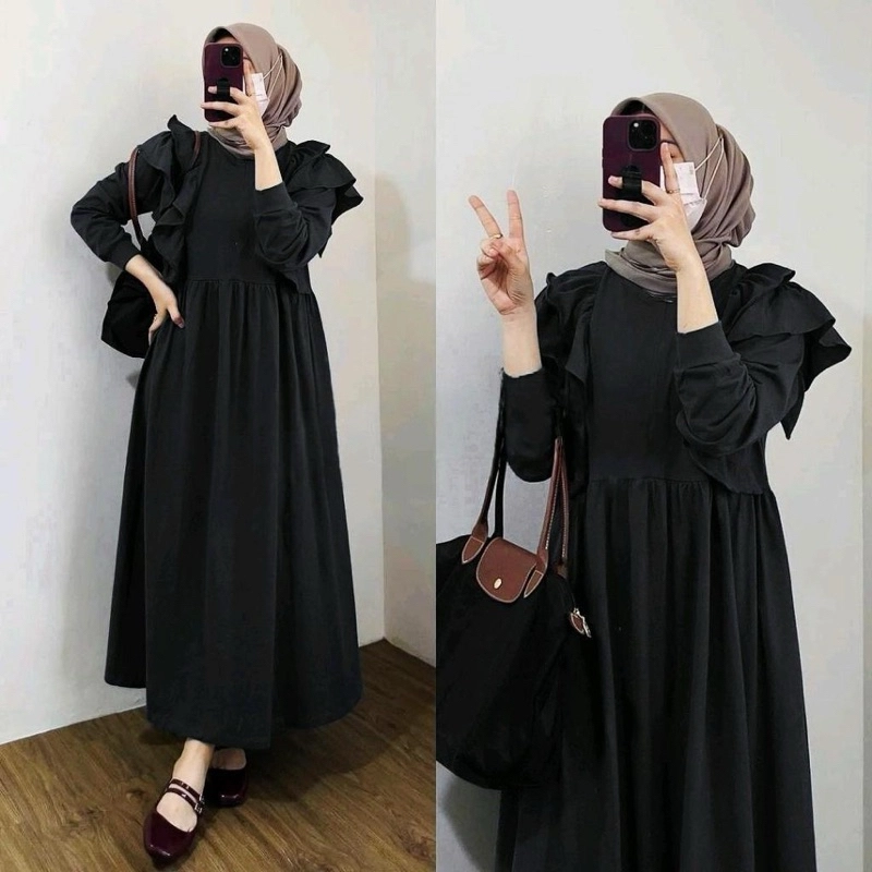 Product image [JL] MEQA DAILY - MEGA DAILY - Gamis Meldi Ruffle Dress Wanita Bahan Hyget Super Hitam