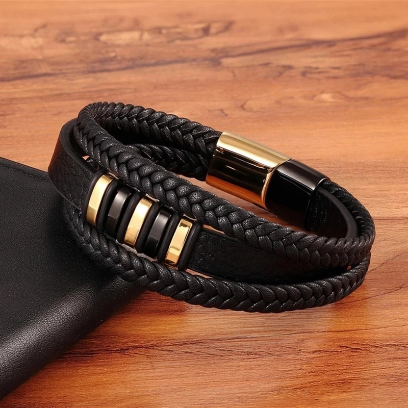 Product image GAWUNG - Gelang Kulit Pria Black Gold Stainless Steel Aksesoris Fashion Premium Quality - GGKSBG dewasa M