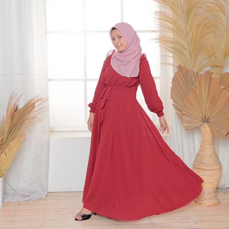 Product image MOSCOU - Baju Busana Dress Gamis Wanita Muslim Muslimah Syari Syar'I Remaja Ibu Busui Simple Simpel Elegan Casual Pesta Kondangan Lebaran Terbaru Kekinian Ceruty Ceruti Babydoll Premium Full Furing Hyget Adem Lembut Merah Maroon Marun Polos M Maroon