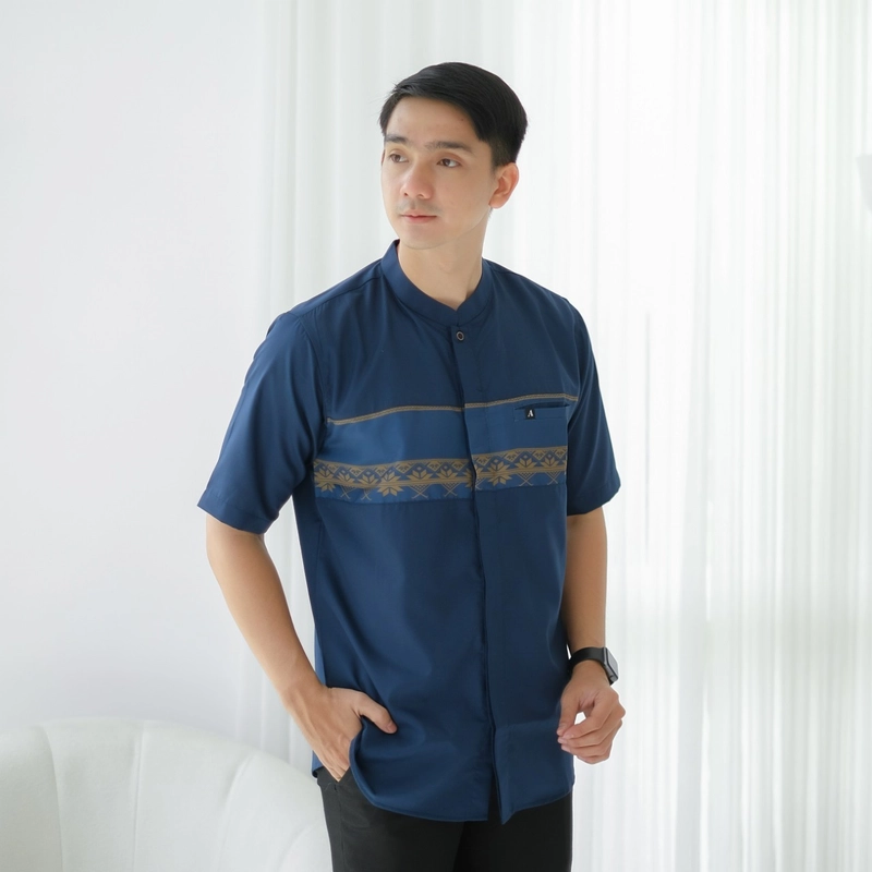 Product image Al liwa official - Al liwa Couple anak dewasa usia 2th - 11th kemeja koko navy lengan pendek bahan toyobo premium S (4-5th) navy