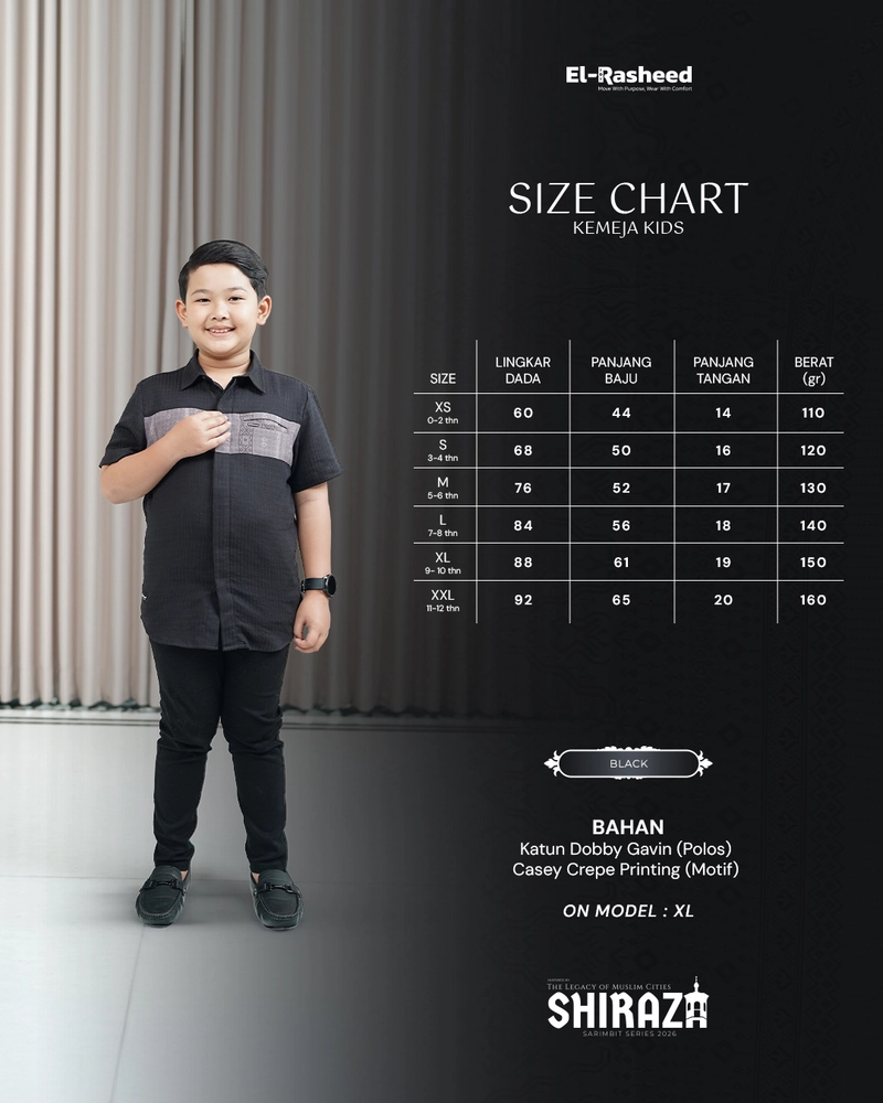 Product image Yasmeera Official - SARIMBIT 2026 SHIRAZA SERIES WARNA BLACK XS KMJ ANAK L. PENDEK