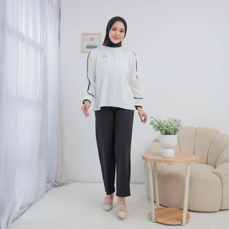 Product image Sseolshop - Blouse Lotus Atasan Putih Wanita List Hitam Kasual Bahan Rayon Twill terbaru L Bw