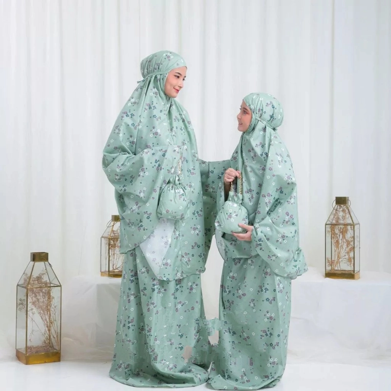Product image qayd - BELI MUKENA GRATIS HIJAB Uzn Mukena Travelling Motif Bunga Katun Micro Ibu & Anak 2in1 Anak Asoka Sage