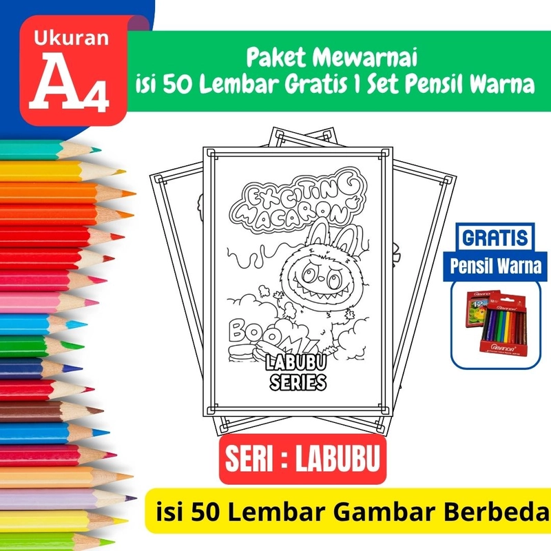 Product image FEID Store - [ EDISI LABUBU ] Promo Paket Mewarnai isi 50 Lembar Gratis 1 Set Pensil Warna - A4 Tebal A4 TEBAL