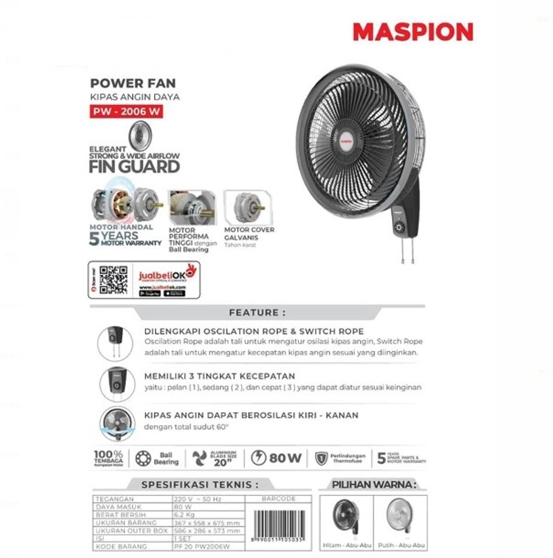 Product image UTAMAMEGA - Maspion PW2006 W Power Fan Kipas Angin Type PW-2006