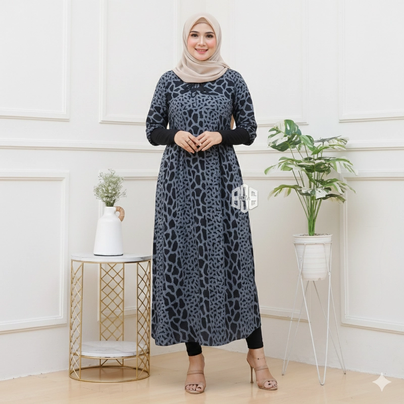 Product image Disya.id - Dress Gamis Wanita Bahan Rayon Resleting Depan Salur Macan LD 120cm Abu