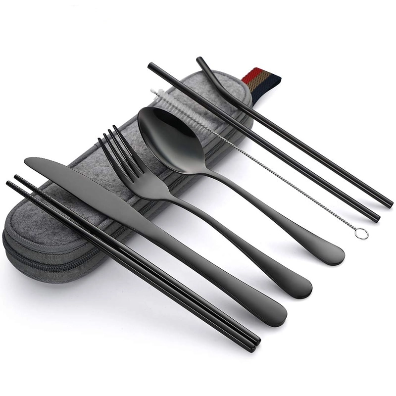 Product image RUMAH RAYA - Set Alat Makan Sendok Garpu Pisau Sumpit Sedotan Besi Japanese Style 7pcs - EA02300 7 Pcs Black