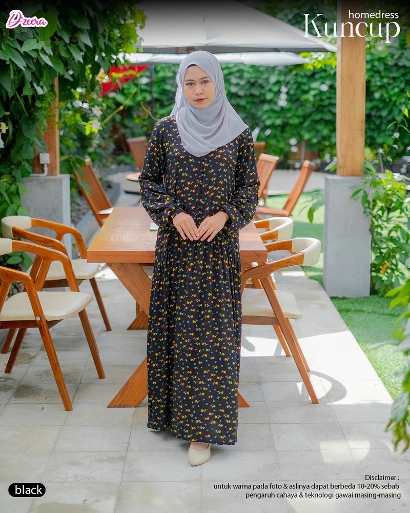 Product image Dzeera - KUNCUP HOMEDRESS / gamis wanita muslimah motif bunga bahan rayon S Black