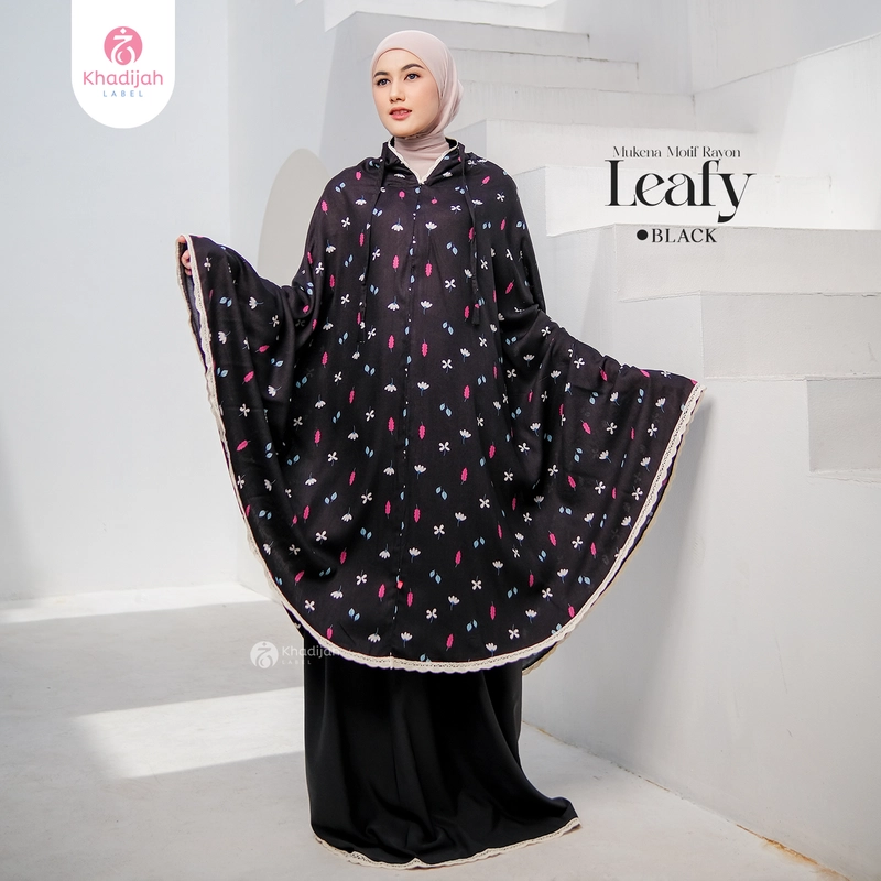 Product image KhadijahLabel - Mukena Dewasa Daily Resleting Dagu Motif Leafy Semi Jumbo Black