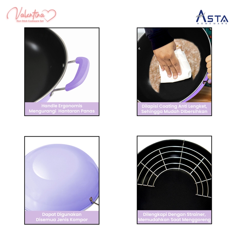 Product image Asta Wajan Penggorengan Anti Lengket Saringan Valentina Set 3 pcs Warna Ungu
