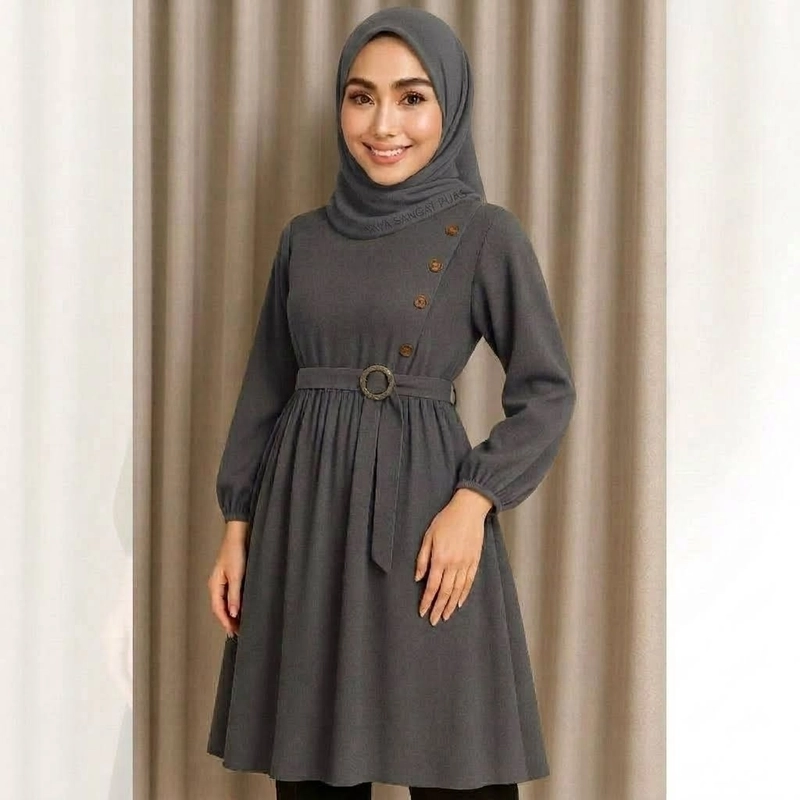 Product image MEQA DAILY - Arumi Tunik Wanita Muslimah Elegan Free Belt Crinkle Airflow All Size Kode 1123 Abu