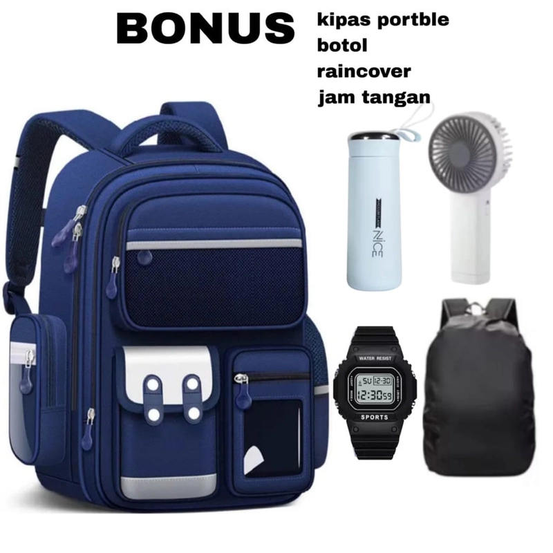 Product image Alcaff - Tas Anak Sekolah Saku Depan Kancing Empat 30x42x12 Navy polos