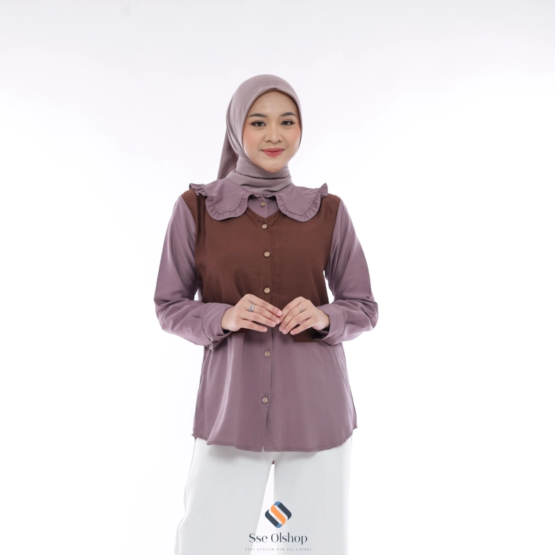 Product image Sseolshop - Emma baju kemeja atasan wanita terbaru twotone lengan panjang L Dark Plum