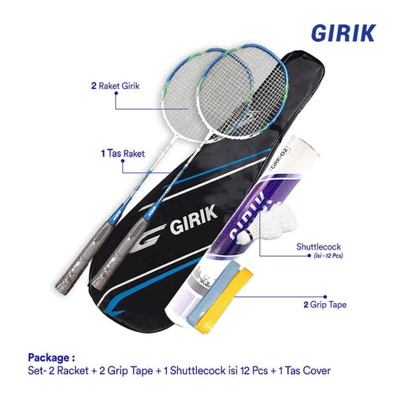 Product image Girik - Girik - Badminton Racket Set GIRIK Power - 2 Racket + 2 Grip Tape+ 1 Tube shutcock - POWER8i 95 gr Biru Putih Hijau