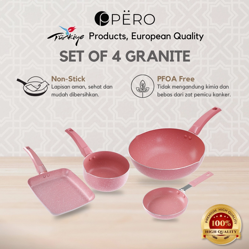 Product image Pero Indonesia - Pero Bundling Set of 4 Wok 24+saucepan 16cm+egg pan+grill pan Bundling Pink