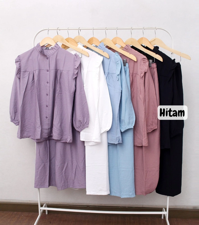 Product image Giat Makmur [TA] - Setelan Katun Polo LInen Premium Kerah Hijab Model Rempel Allsize Hitam