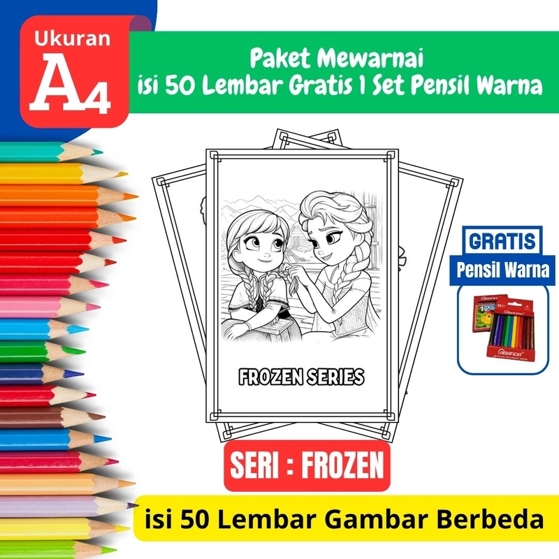 Product image FEID Store - [ EDISI FROZEN ] Promo Paket Mewarnai isi 50 Lembar Gratis 1 Set Pensil Warna - A4 Tebal A4 TEBAL