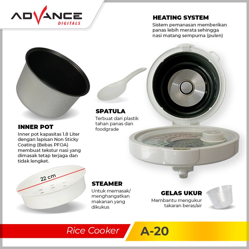 Product image Advance Digitals Indonesia - Rice Cooker A-20 Penanak Nasi Serbaguna 3in1 Magic Com 1.8 Liter Default