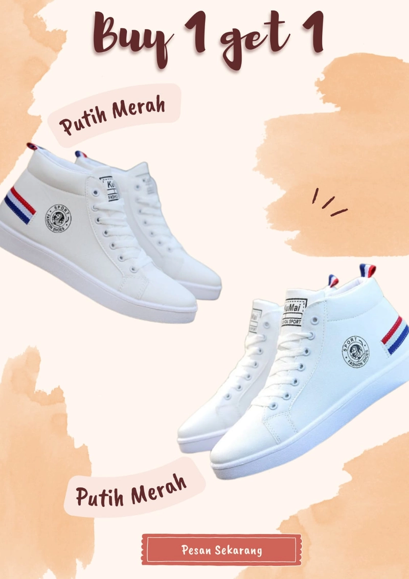 Product image Koekita - Buy 1 Get 1 Sepatu Boot Sneakers Pria Casual Kunmai Sport 38 Putih Merah
