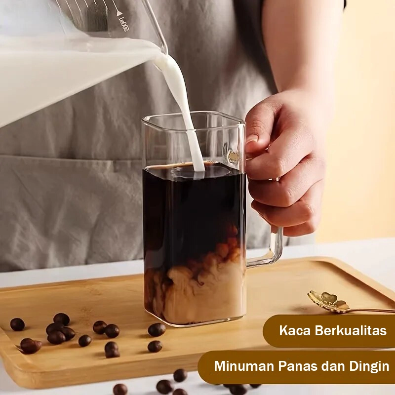 Product image RUMAH RAYA - (PO) Gelas Kaca Kotak Aesthetic Tutup Kayu 350ml dengan Sedotan - UK3 350 ml Glass