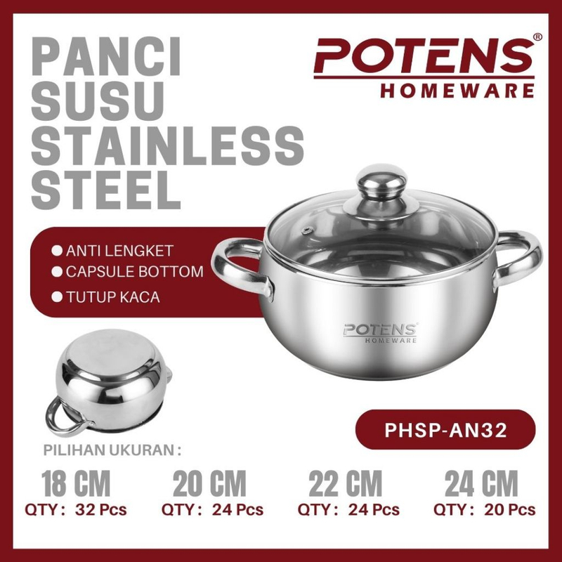 Product image KJU - POTENS Panci Susu Stainless Steel Dengan Tutup kaca 24 Stainless Steel