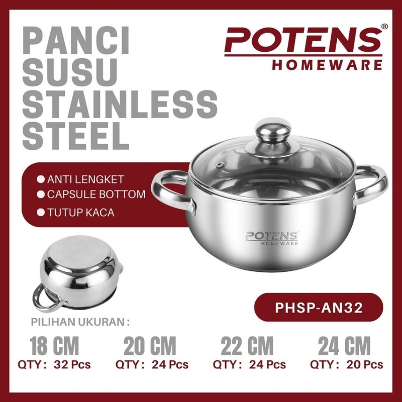 Product image KJU - POTENS Panci Susu Stainless Steel Dengan Tutup kaca 24 Stainless Steel