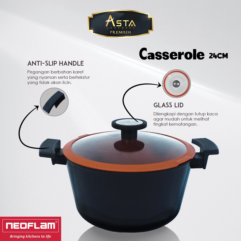 Product image Asta Premium Casserole Panci Sup Anti Lengket Neoflam Ceramic Coating Tutup Kaca Premium 24 cm Ukuran Casserole 24 cm