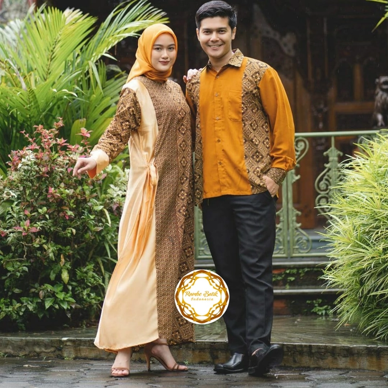 Product image Rambe Batik Indonesia - Couple Batik PREMIUM Kombinasi Kain Arabian Crepe Super Cowok XL + Gamis Allsize Warna E