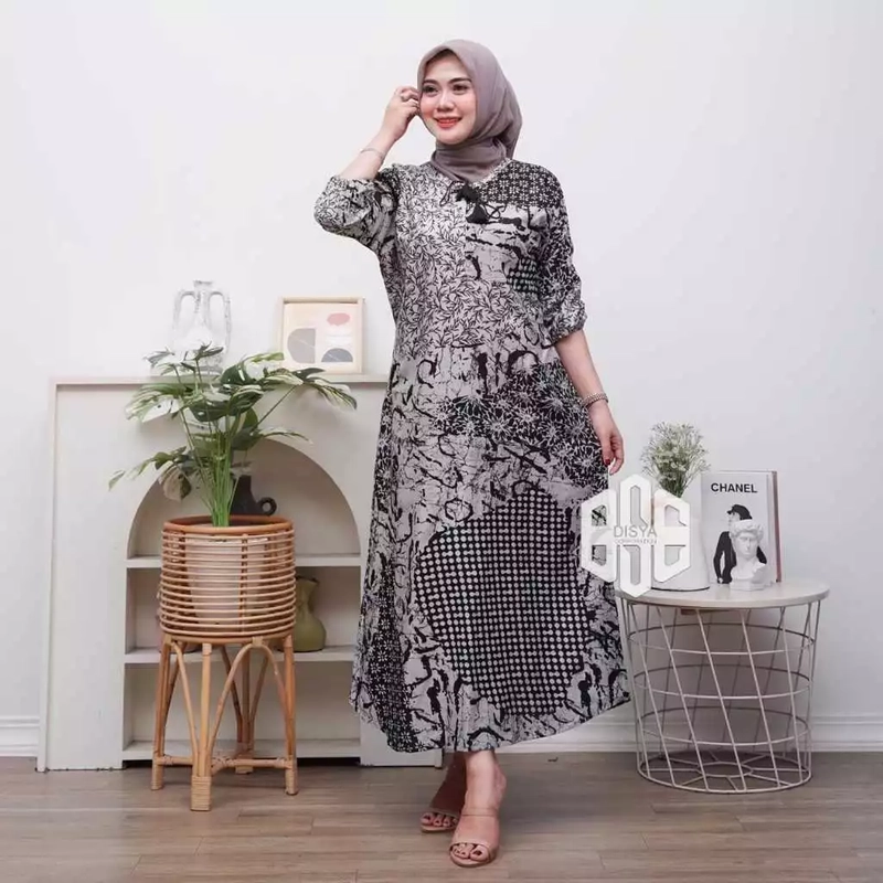 Product image Disya.id - Gamis Twill Rayon Premium Busui Terbaru Jumbo Syari Bunga Bercak LD 120cm Hitam