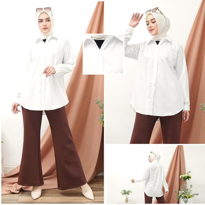 Product image Syahrinda [TA] - Atasan Wanita Kemeja Basic Shirt Polos Putih Dubaii - Katun Shaman / Standar Bigsize Size 36 Putih