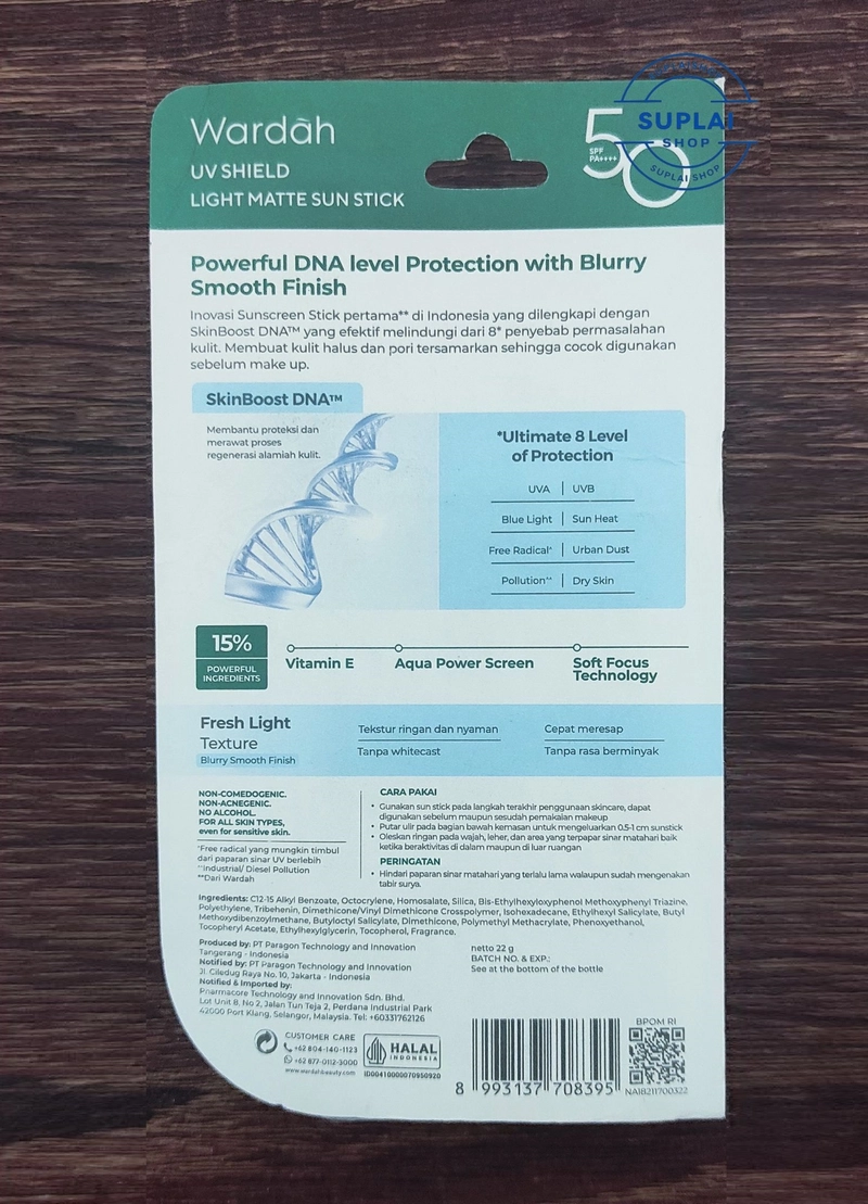 Product image SUPLAI SHOP - Sunscreen Wardah UV Shield Light Matte Sun Stick SPF 50 Isi 22 gram