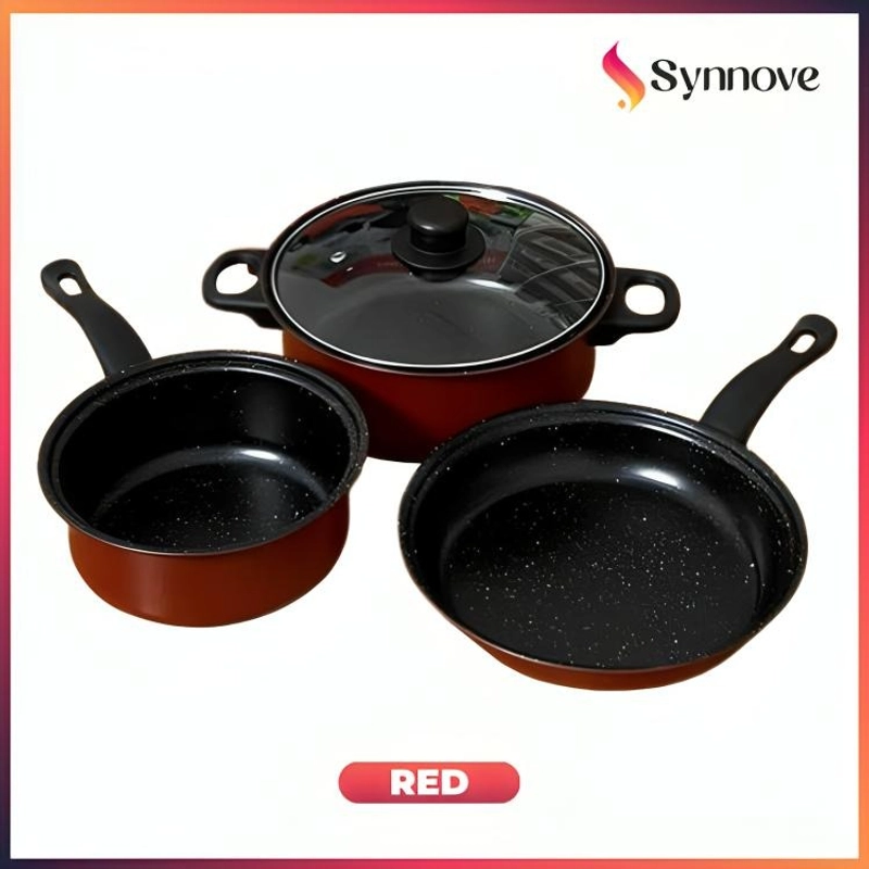 Product image Synnove - Panci Anti Lengket 3 In 1 Tutup Kaca Panci Set Kukusan Panci Teflon Panci Susu reguler merah