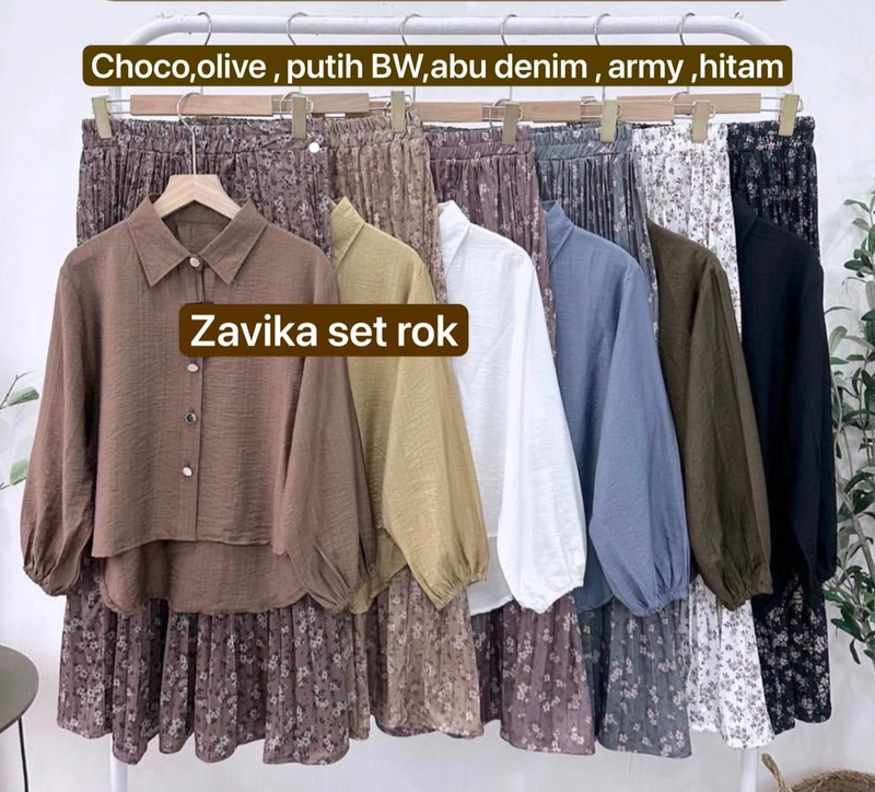 Product image Valencia - Zavika Set Rok - One Set Wanita Kemeja Polo Linen Premium Lengan 7/8 Setelan Wanita Kekinian Rok Pr All Size Zavika Olive