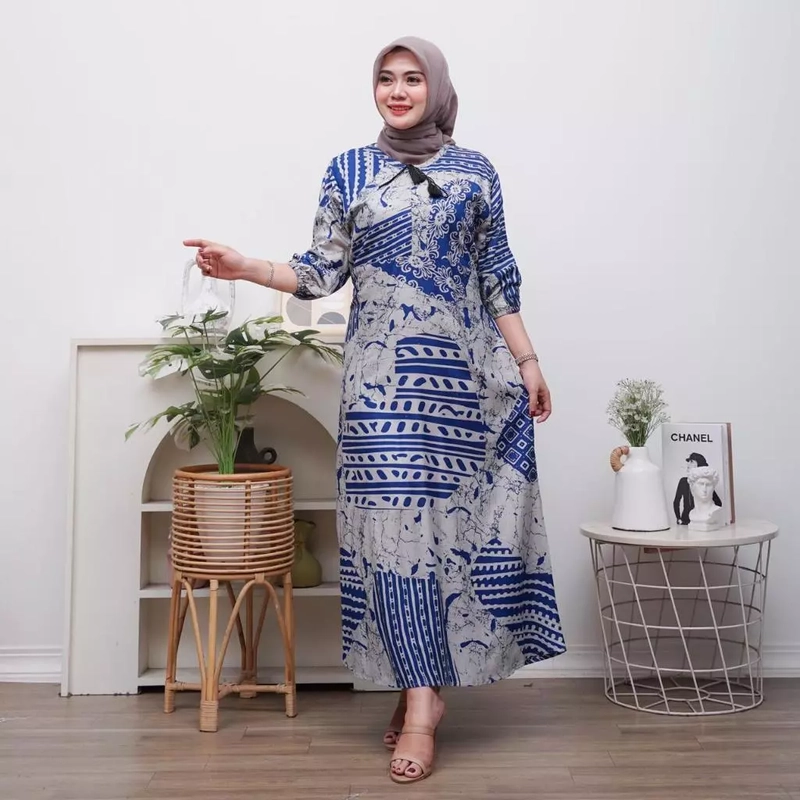 Product image Disya.id - Gamis Twill Rayon Premium Busui Terbaru Jumbo Syari Bunga Garis LD 120cm Biru