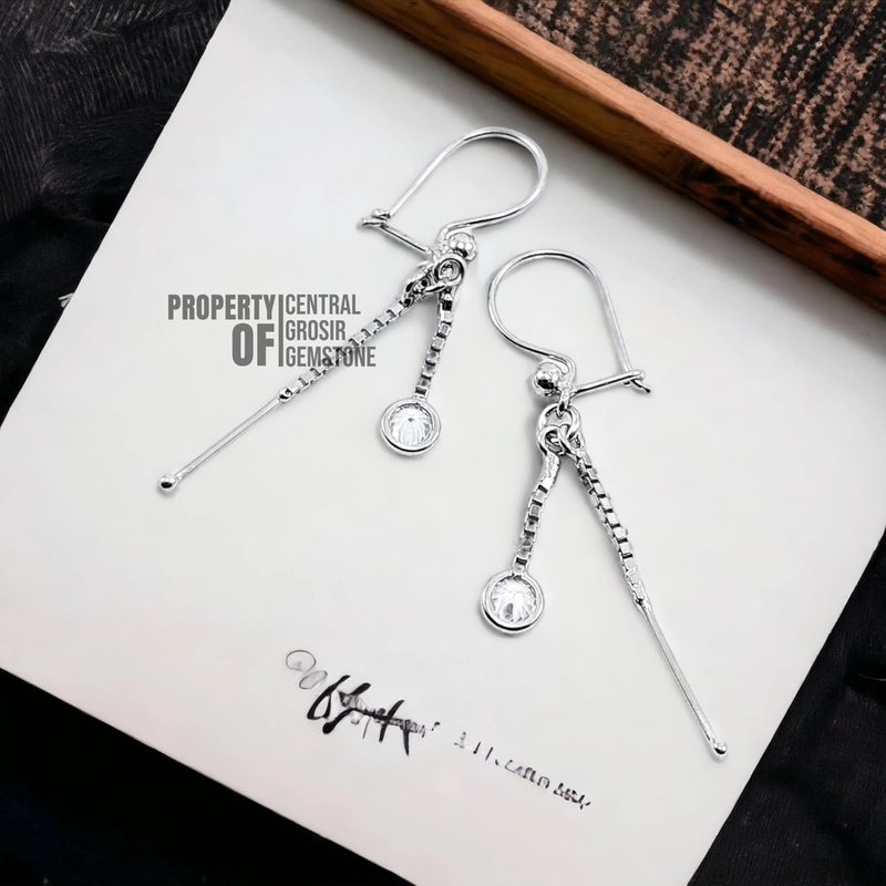 Product image CENTRAL GROSIR GEMSTONE - Anting Perak 925 Asli Silver Earring Model Panjang Wanita Perempuan 14 x 8mm Silver